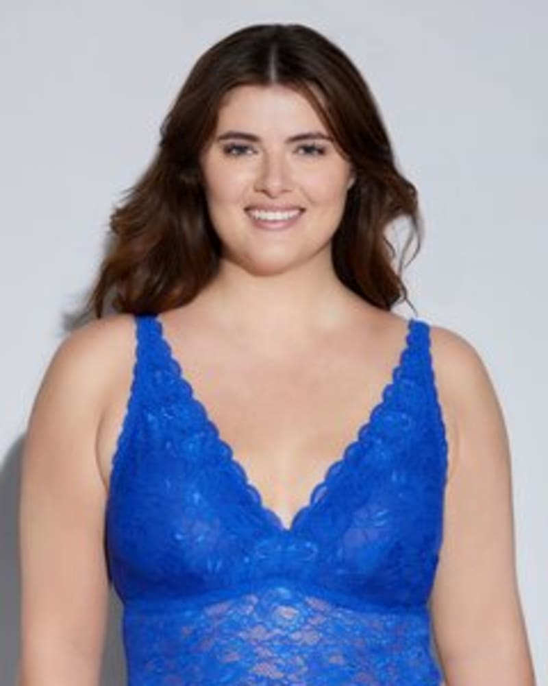 Front of a model wearing a size 1X Plungie Longline Lace Bralette in Mare by Cosabella. | dia_product_style_image_id:253715